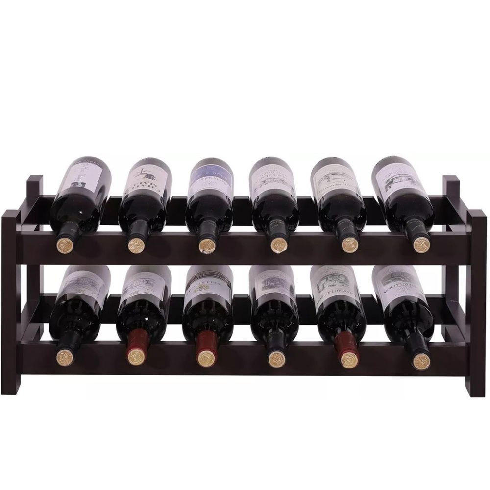 VASAGLE 12-Wooden Wine Rack, 2-Tier Tabletop Bottles Storage Shelf, Espresso